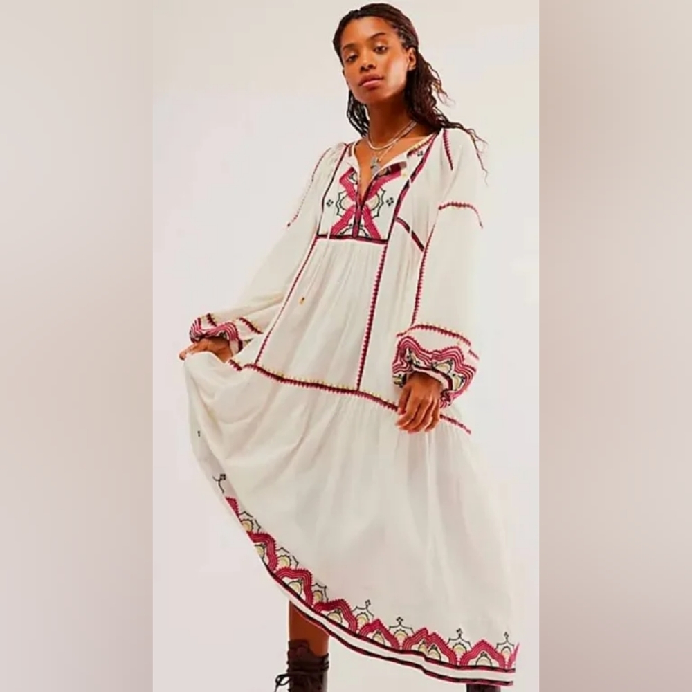 NWOT Free People Sweet Escape Midi Maxi Dress Embroidered White Red XS Extra Sma